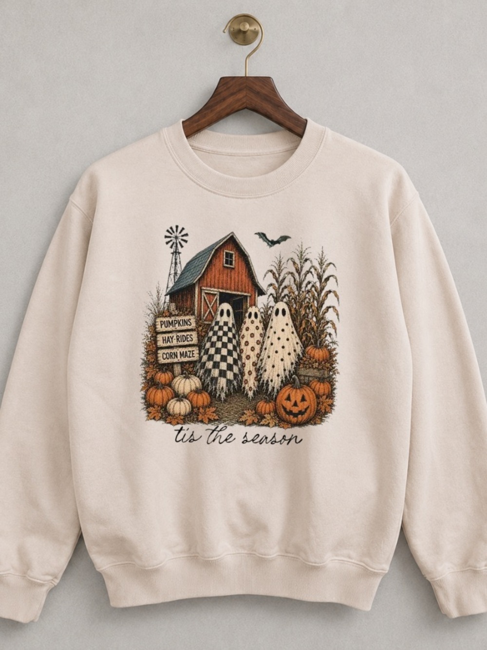 Tis The Season Ghost Trio Pimpkin Patch Ghosts Crewneck Sweatshirt - Sand
